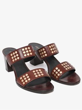 CELINE BROWN  LEATHER STUDDED BLOCK HEELS SIZE 38 or US 8